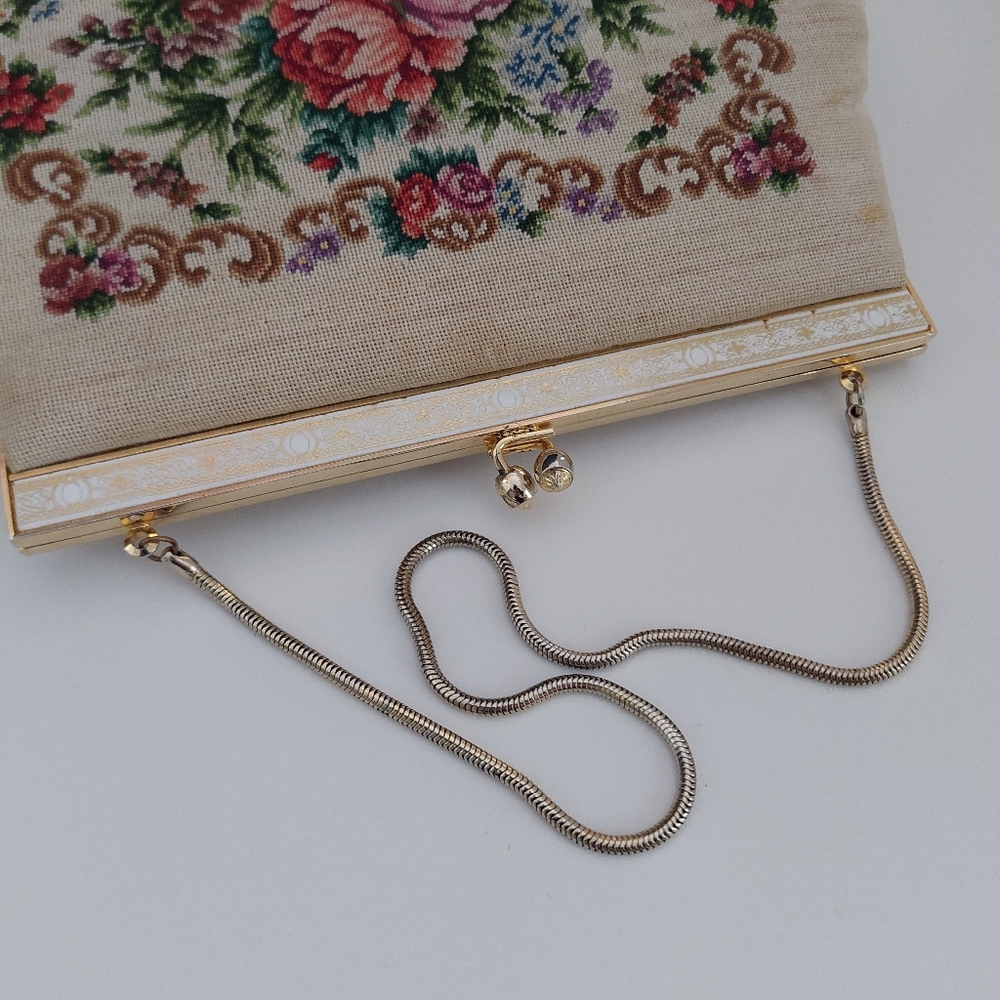 Vintage Petit Point Floral Tapestry Evening Bag, 1950s Needlepoint Clutch - Picture 8 of 14